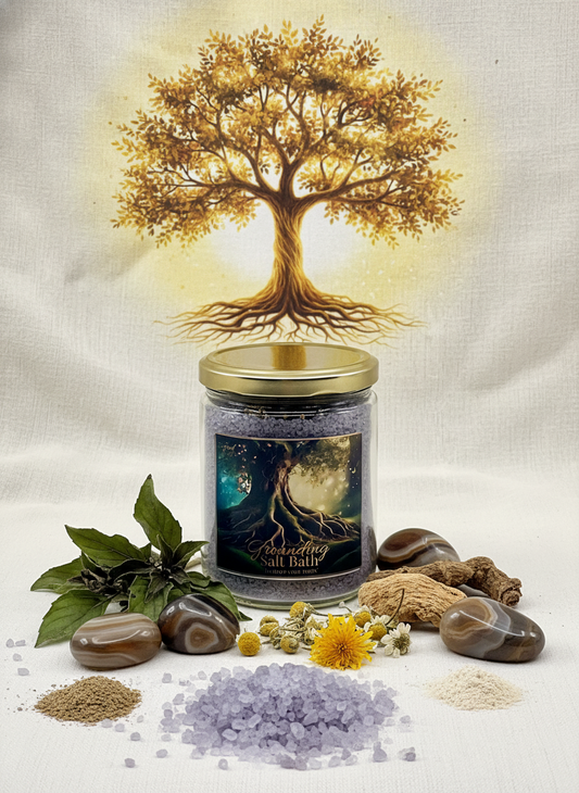 Candle jar with tree design, surrounded by stones, plants, and flowers on a textured background