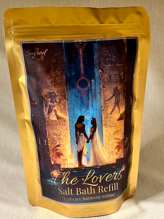 Salt bath refill package with Egyptian 'The Lovers' design on a beige background