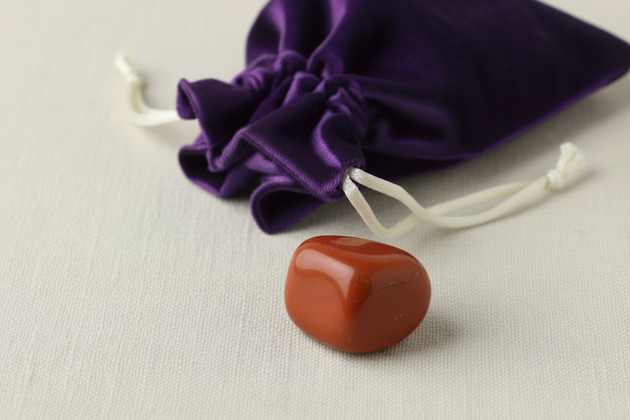 Red stone on a beige surface with a purple drawstring bag in the background
