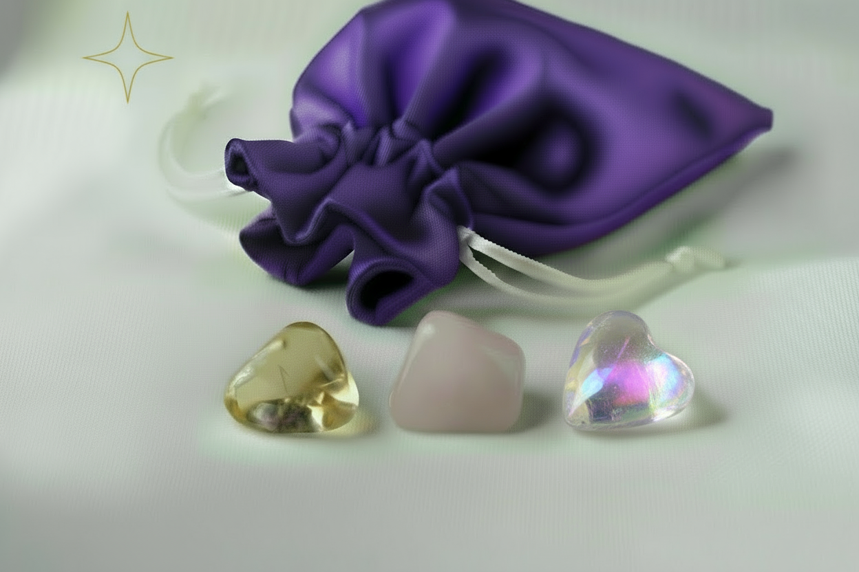 Purple satin pouch with gemstones on a light background