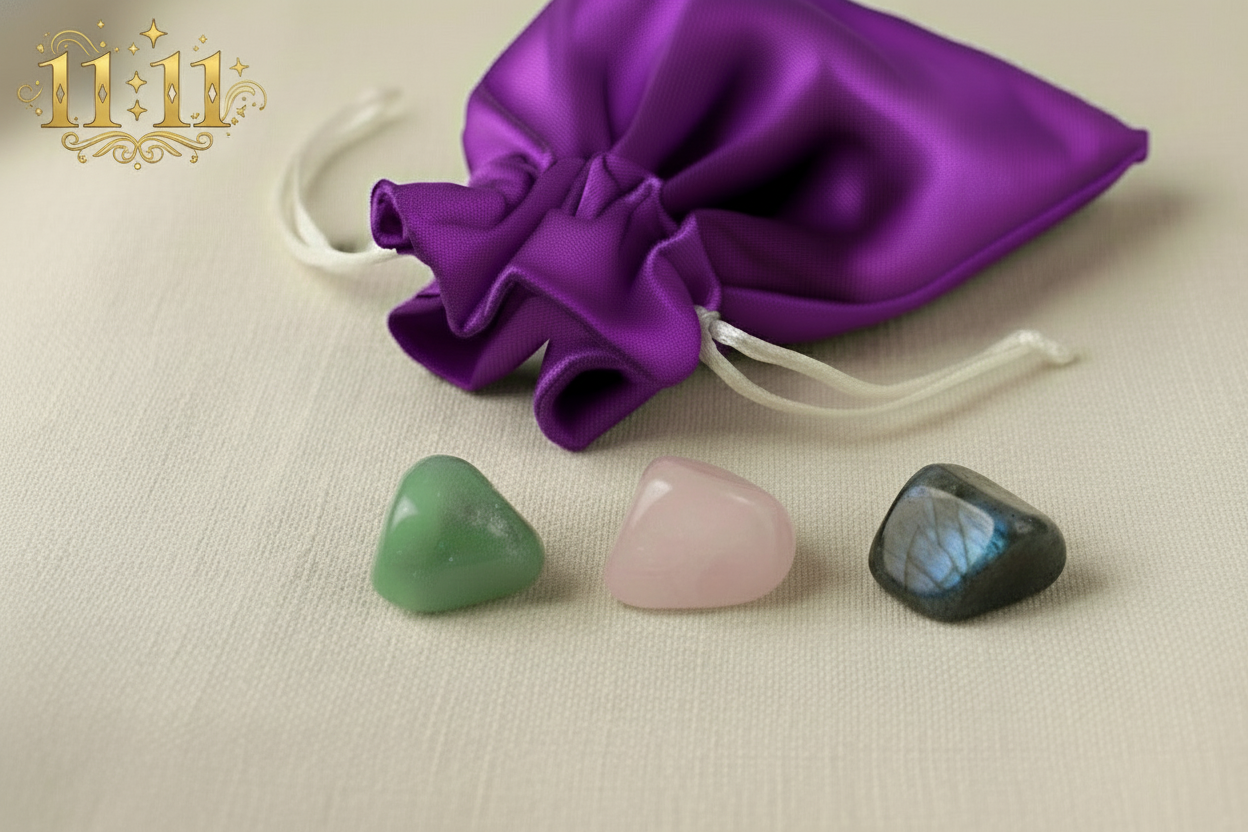 Three crystals (green, pink, black) on a beige surface with a purple satin bag.