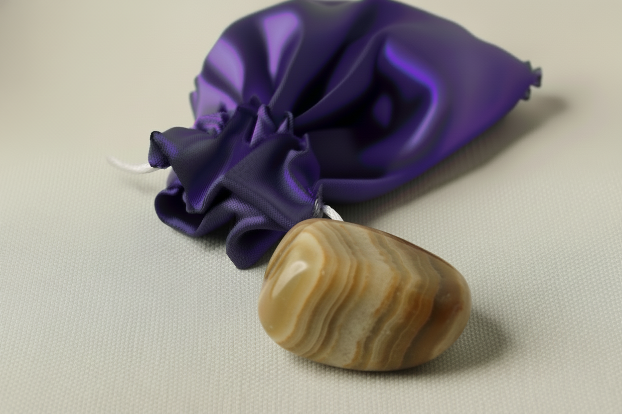 Brown stone on a beige surface with a purple satin bag in the background