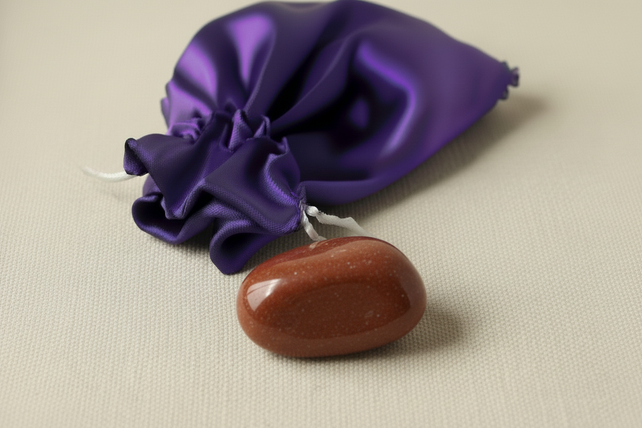 Purple satin drawstring bag with a brown stone on a beige background