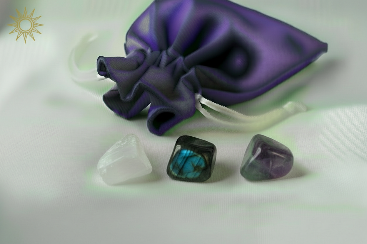 Purple satin bag with three crystal stones on a white background