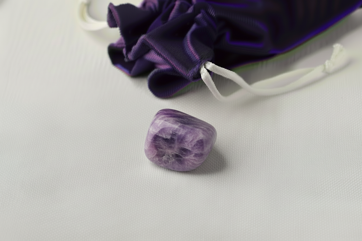 Purple crystal on a light gray surface with a purple drawstring bag in the background.