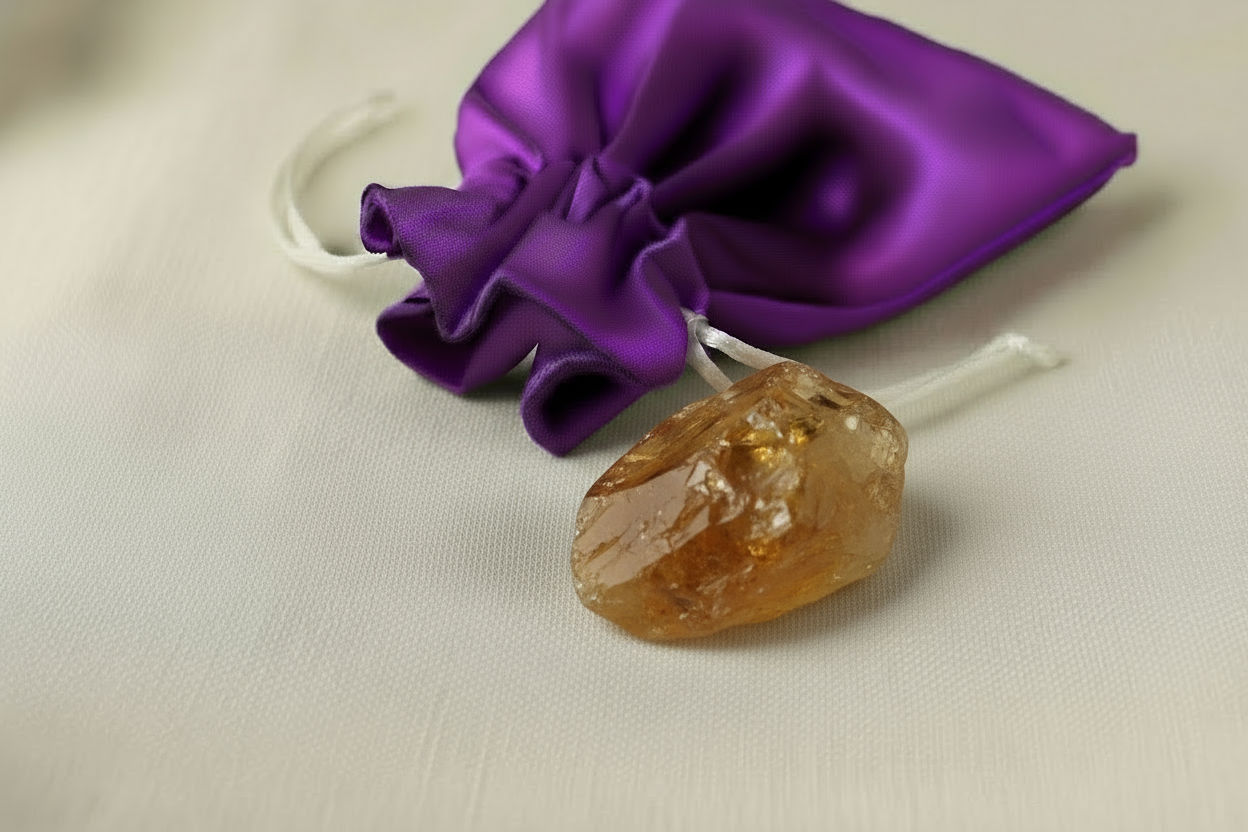 Purple satin drawstring bag with a crystal on a beige background