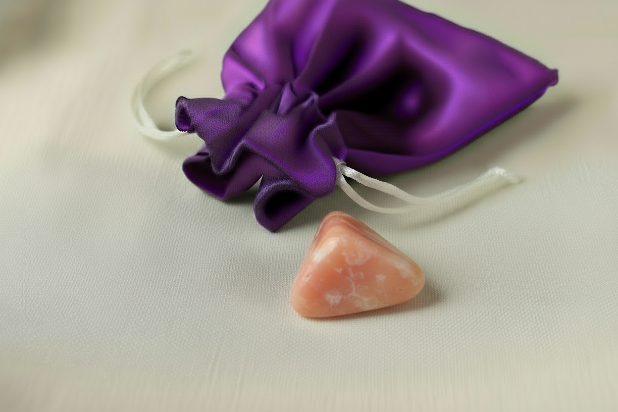 Pink stone next to a purple satin bag on a beige background
