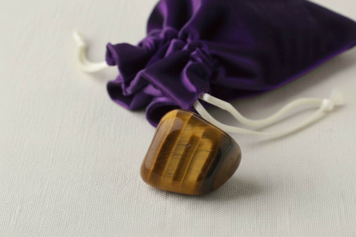 Tiger's eye stone on a light gray background with a purple drawstring bag.