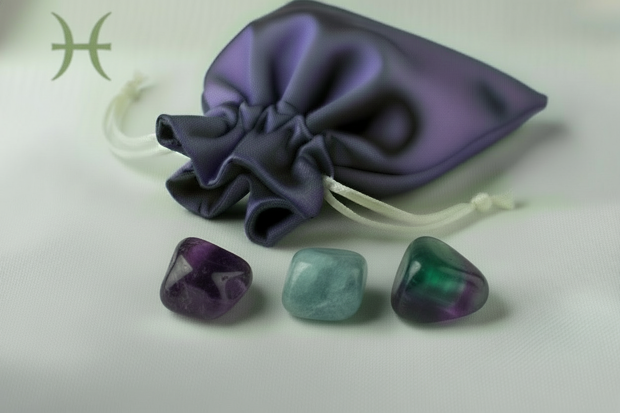 Three crystal stones in purple, green, and clear on a white surface with a purple drawstring bag.