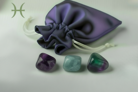 Three crystal stones in purple, green, and clear on a white surface with a purple drawstring bag.