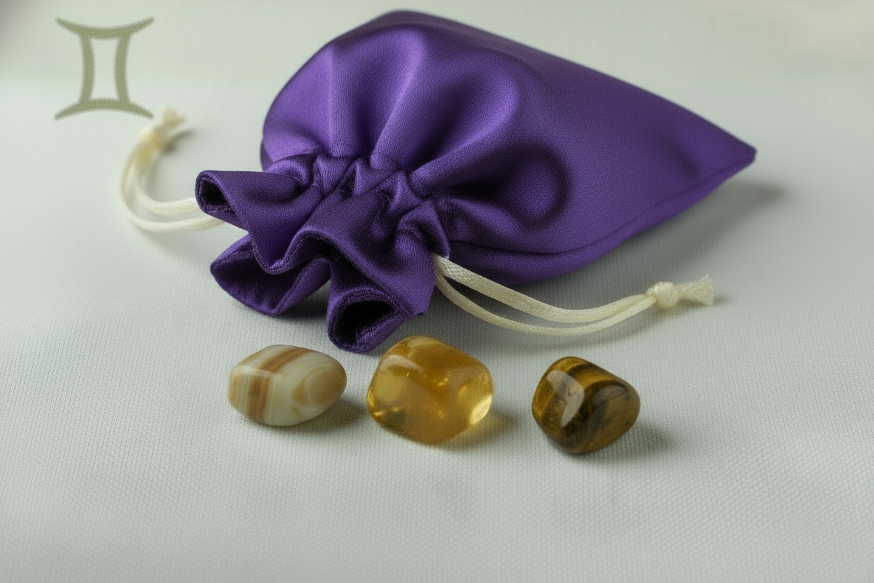 Purple drawstring bag with three amber-colored stones on a light gray background