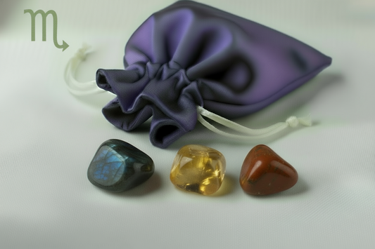 Three polished gemstones in front of a purple drawstring bag on a white background