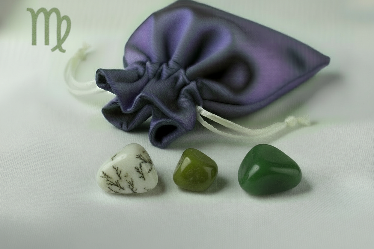Three green stones on a white surface with a purple drawstring bag in the background.
