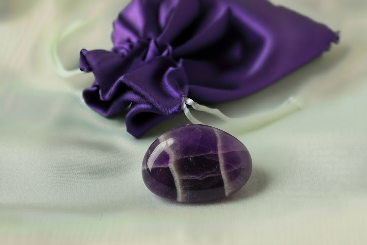 Purple amethyst stone with a white line on a white background