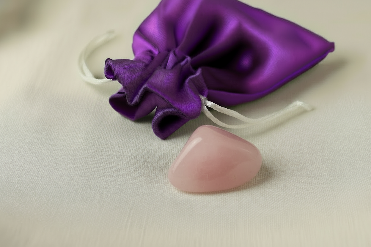 Purple satin bag with a pink stone on a beige background