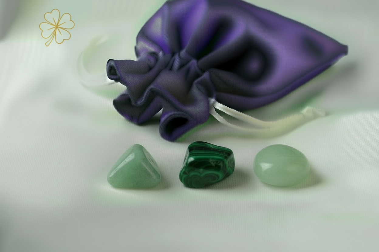 Three green stones on a white surface with a purple fabric pouch in the background.