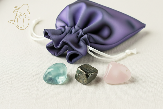 Purple drawstring bag with crystals on a light background