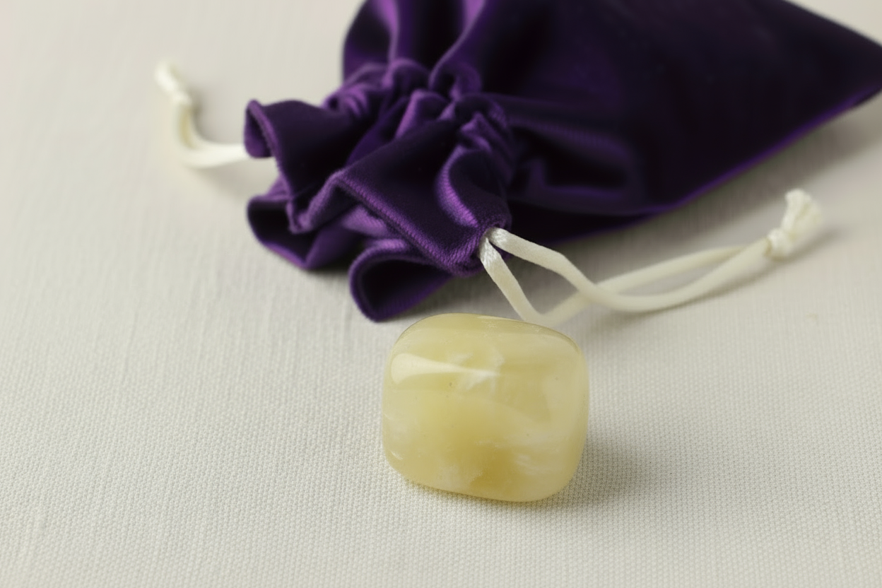 White stone with a purple velvet pouch in the background.