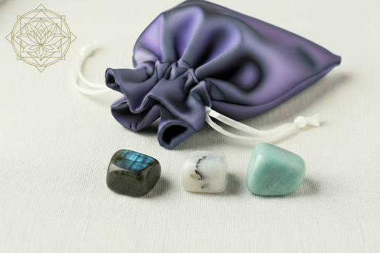 Three stones of different colors on a white surface with a purple drawstring bag in the background.