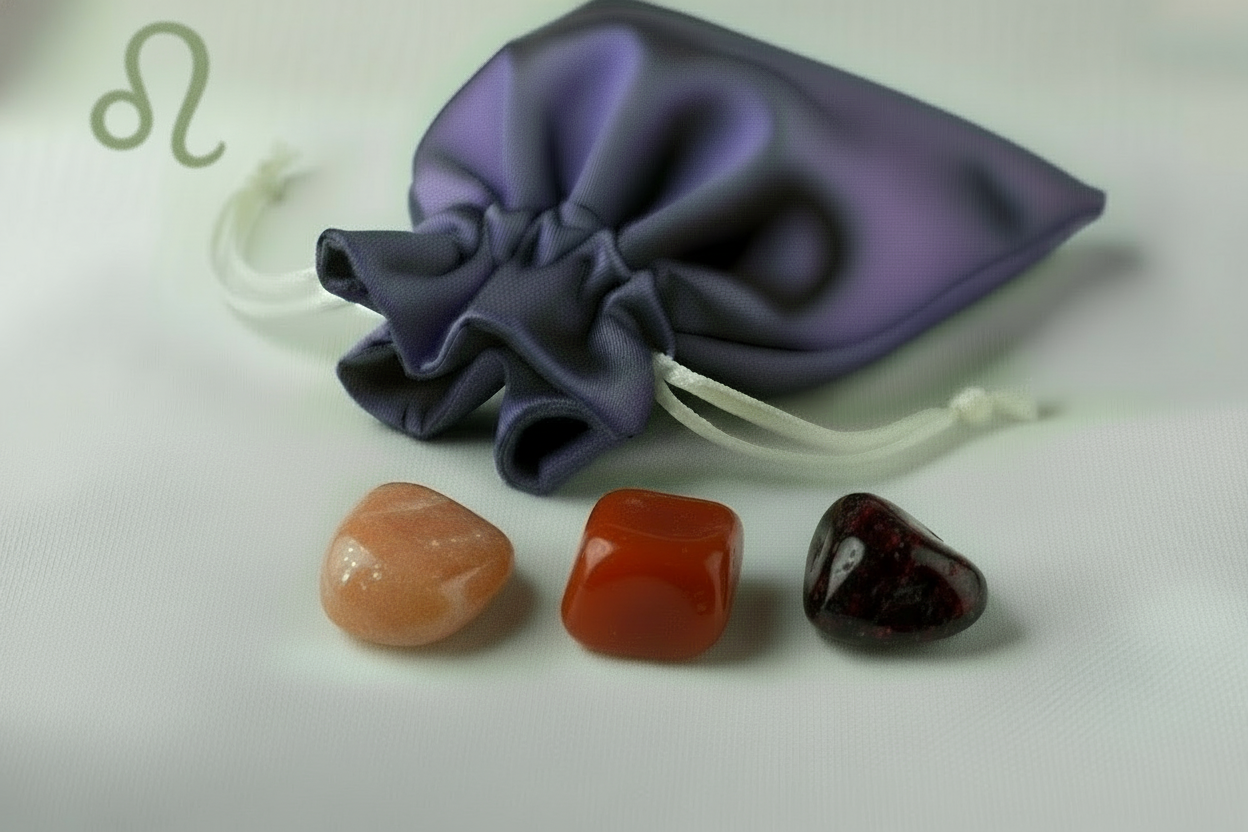 Purple drawstring bag with three colorful stones on a white background