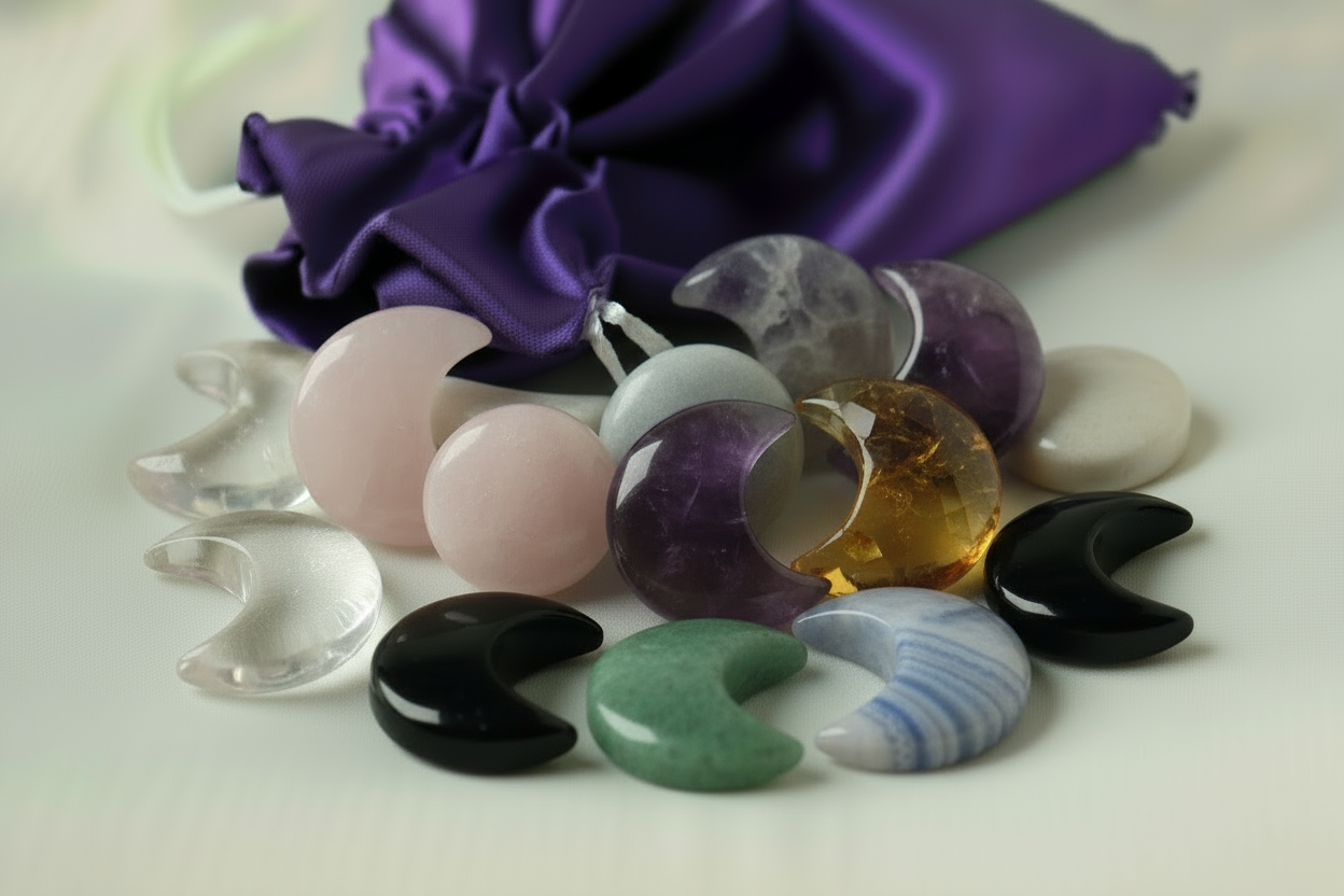 Colorful stones shaped like moons on a white surface with a purple fabric bag in  background.
