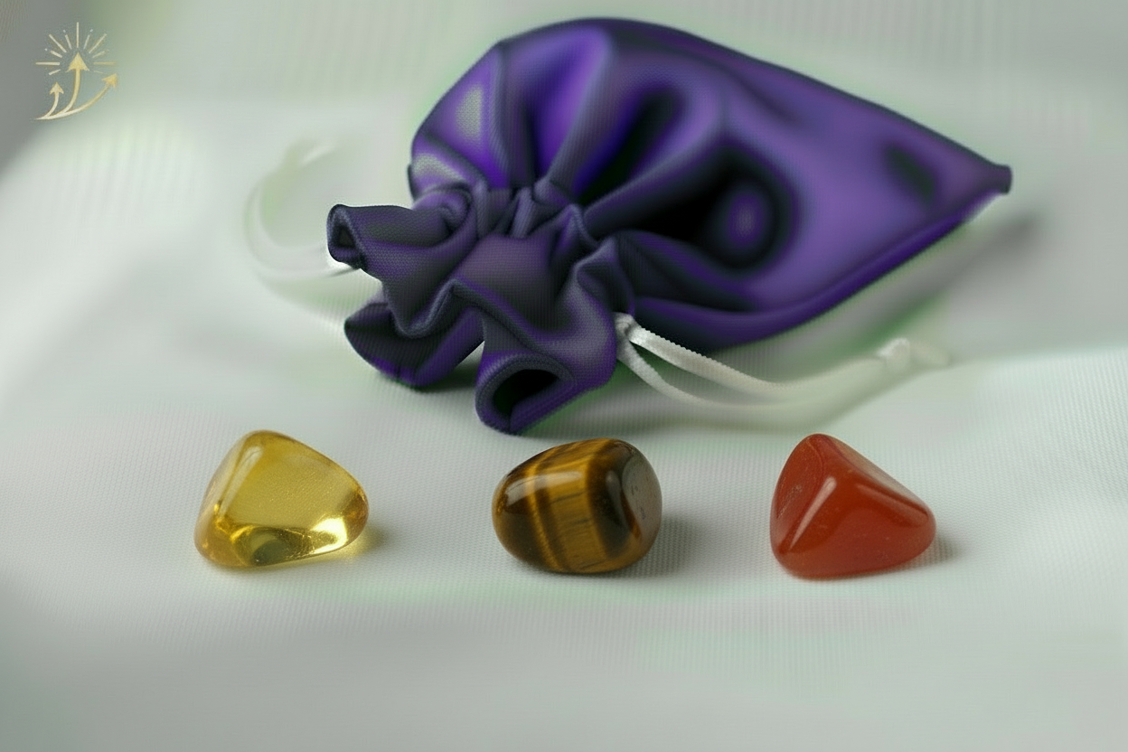 Three colorful gemstones in front of a purple drawstring bag on a white background