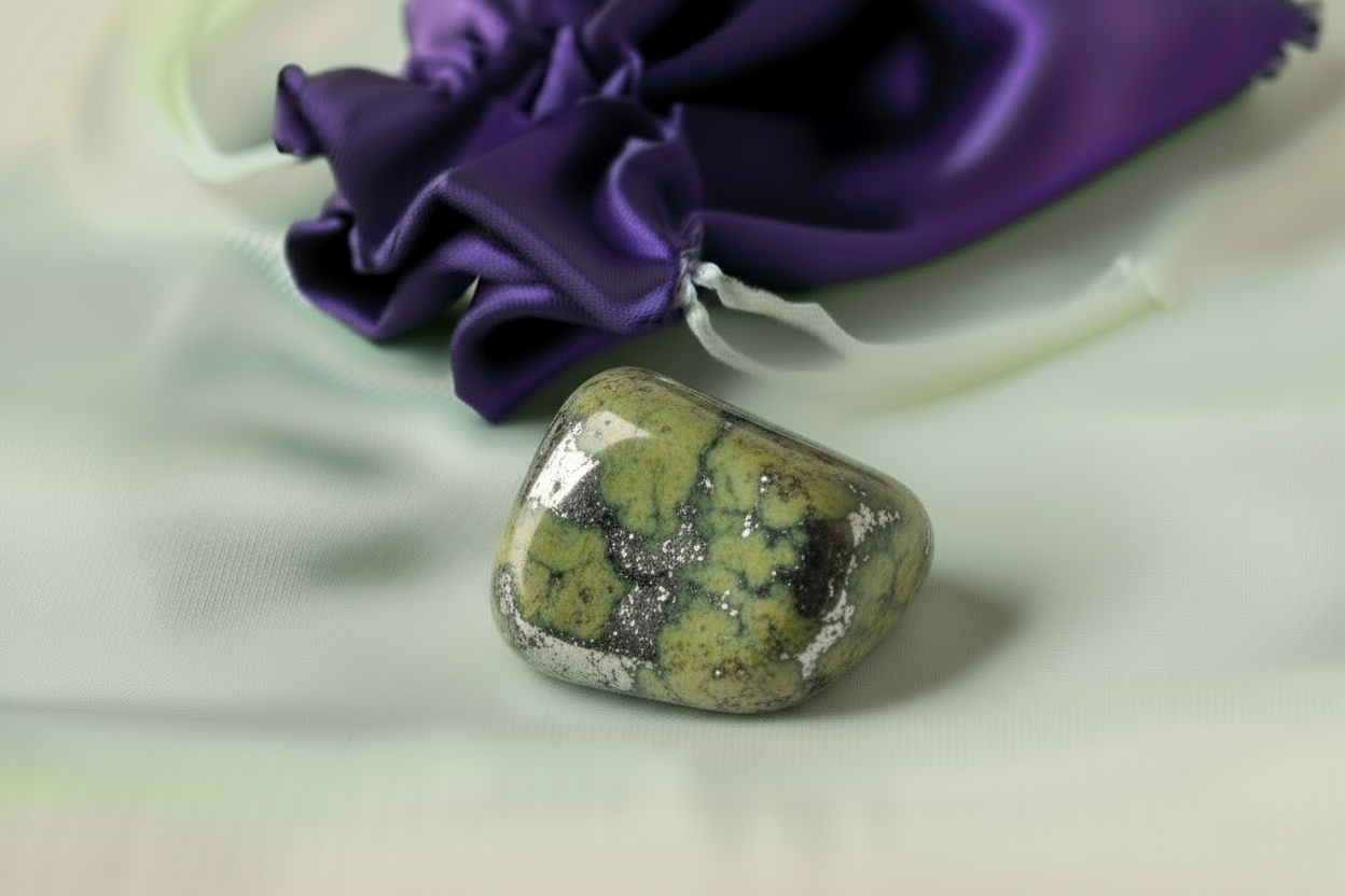 Decorative stone with a purple bag on a white background
