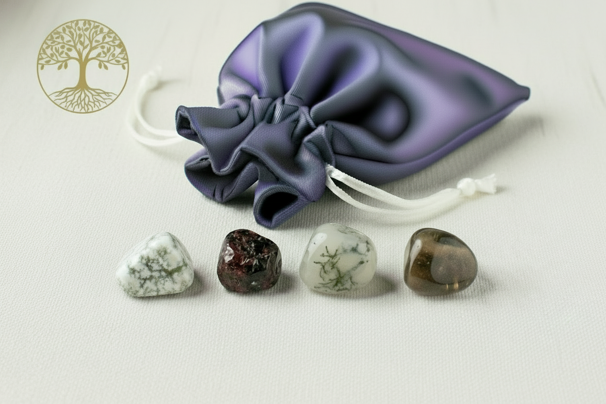 Set of four crystals in front of a purple drawstring bag on a light background