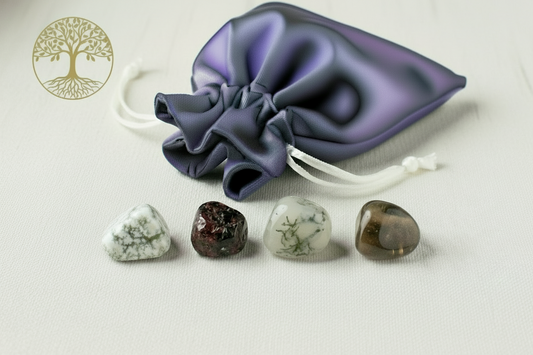 Set of four crystals in front of a purple drawstring bag on a light background
