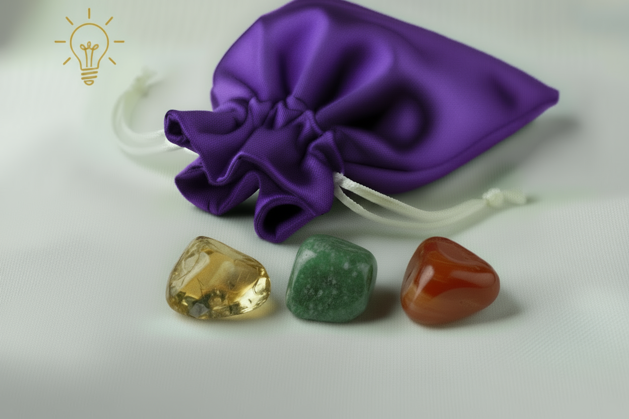 Purple drawstring bag with three colorful stones on a white background