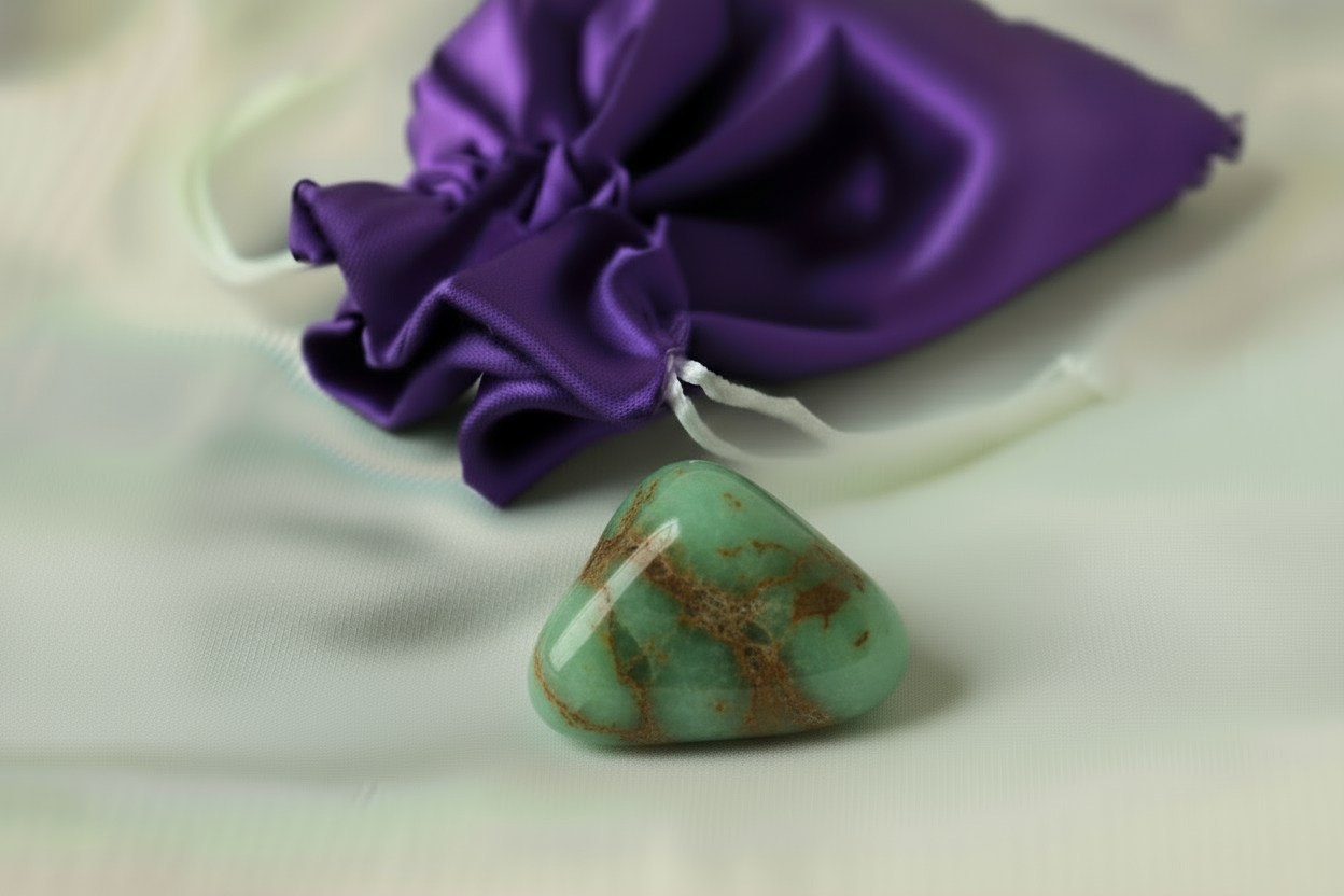Turquoise stone pendant on a white string with a purple drawstring bag in the background.