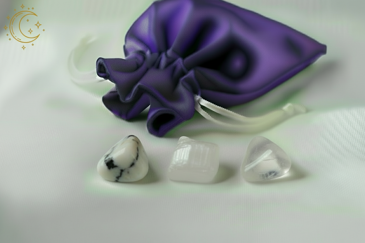 Three white stones with black markings on a white surface next to a purple fabric pouch.