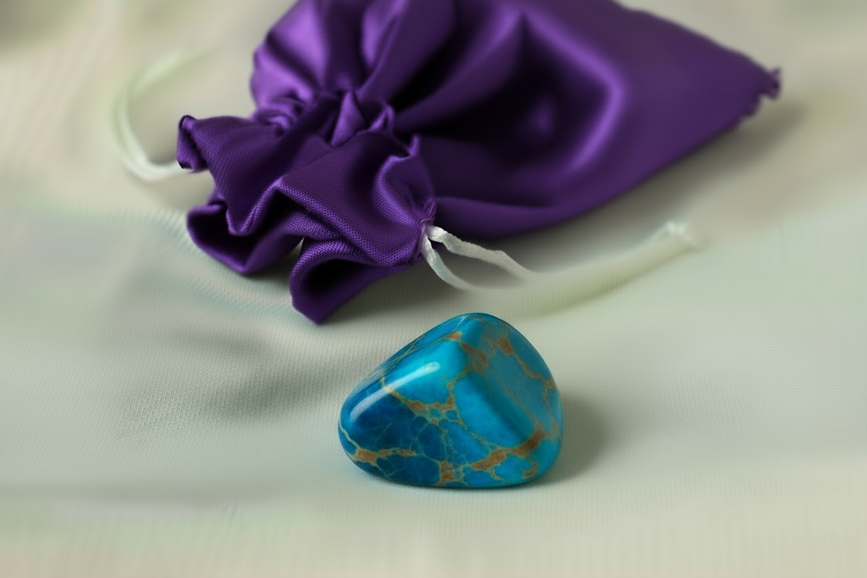 Turquoise stone with gold veins on a white surface next to a purple drawstring bag.