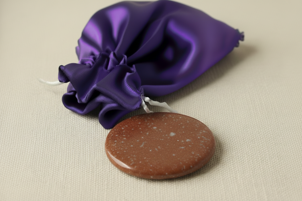 Brown speckled stone with a purple satin bag on a beige background