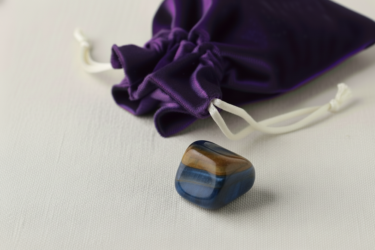 Tiger eye stone with a purple velvet pouch on a white background