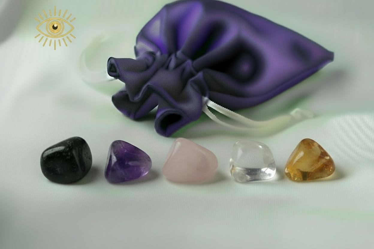 Set of colorful crystals on a white surface with a purple fabric pouch.