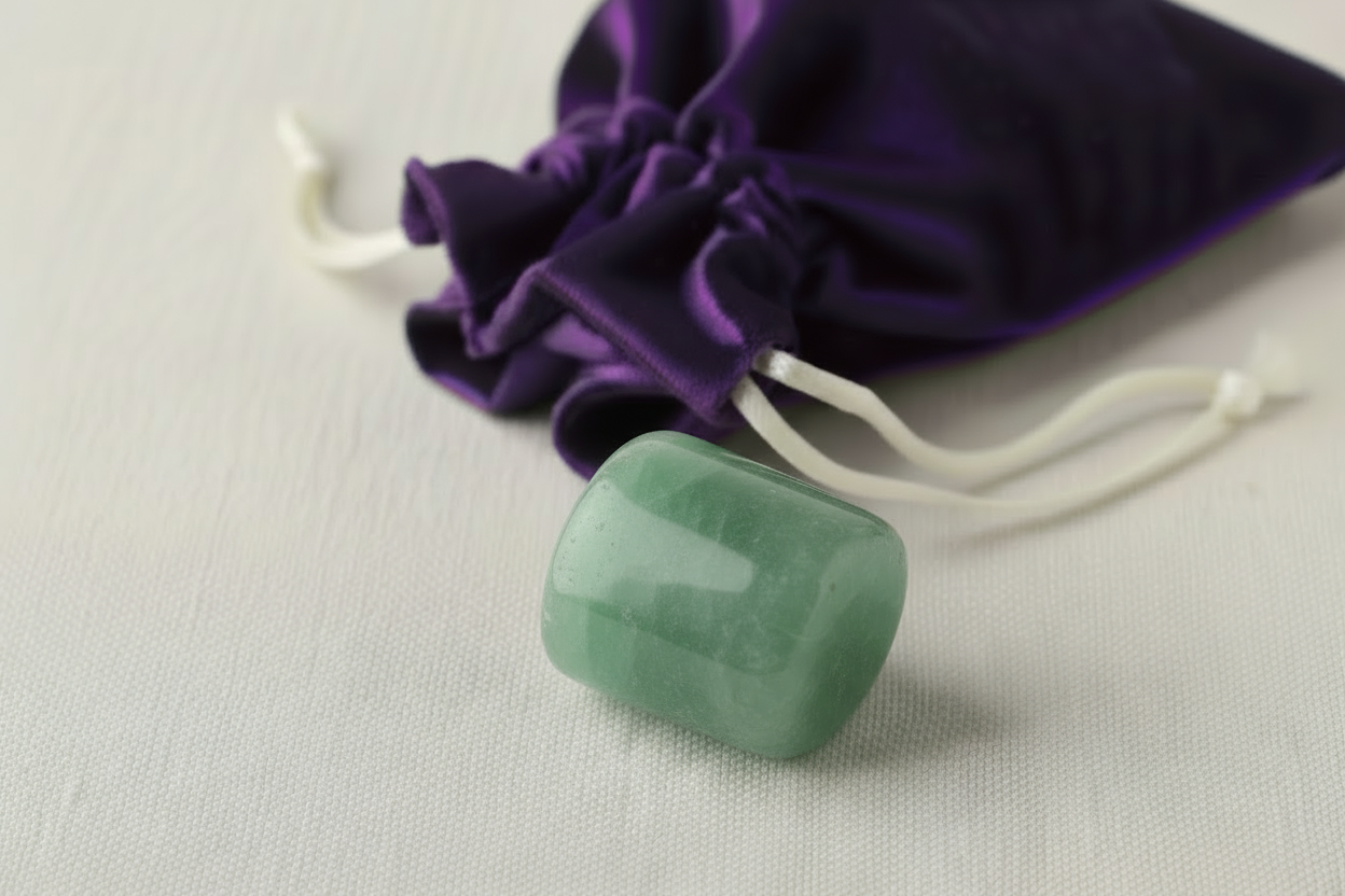 Green jade stone on a white background with a purple drawstring bag.