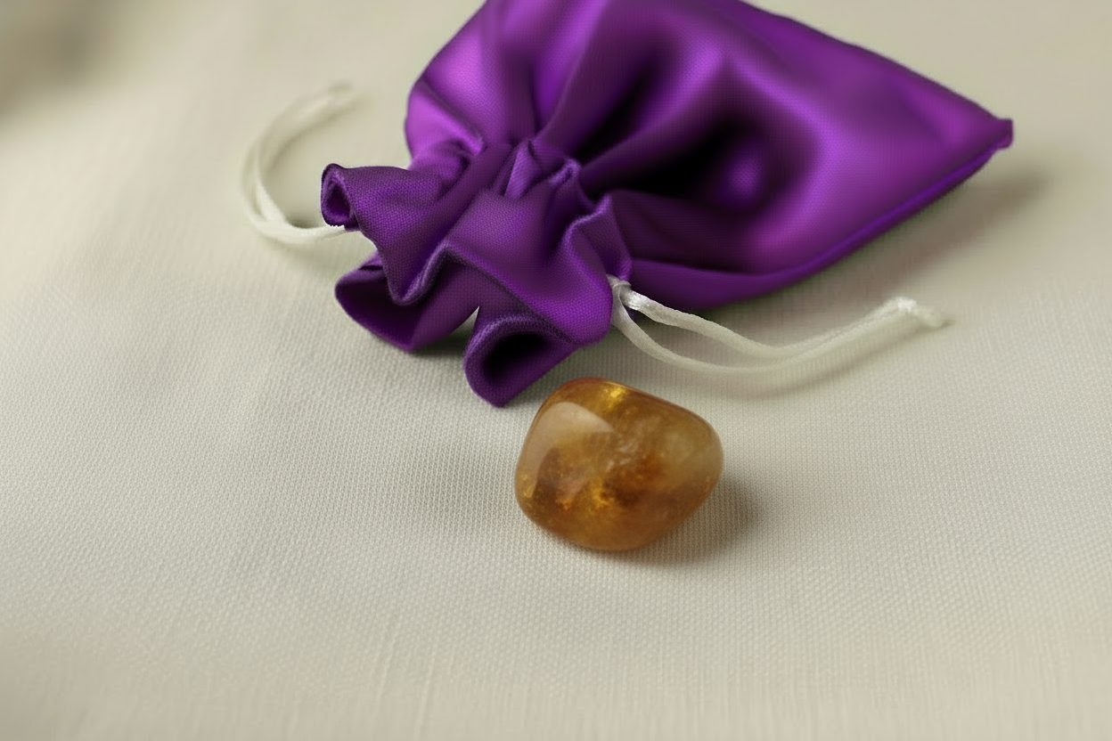 Purple drawstring bag with a white string and a stone on a beige background