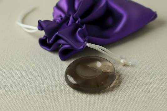 Clear stone on a beige surface with a purple drawstring bag in the background