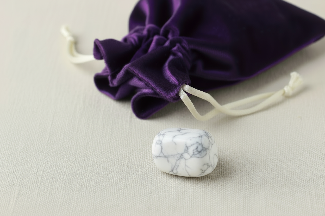 Marble-textured stone on a beige surface with a purple drawstring bag in the background
