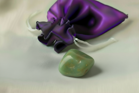 Purple satin bag with a green stone on a beige background