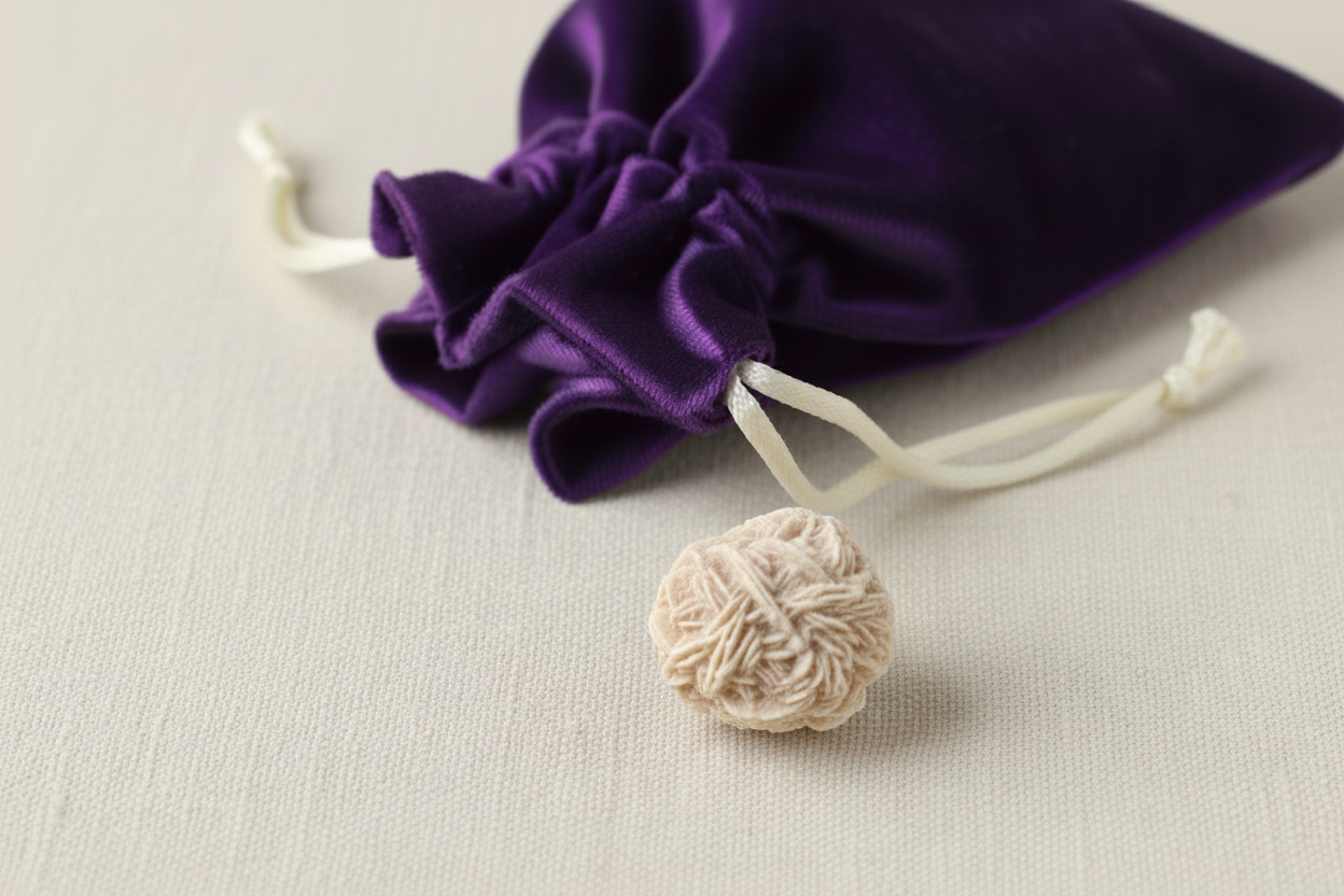 Purple velvet drawstring bag with a beige decorative item on a light gray background