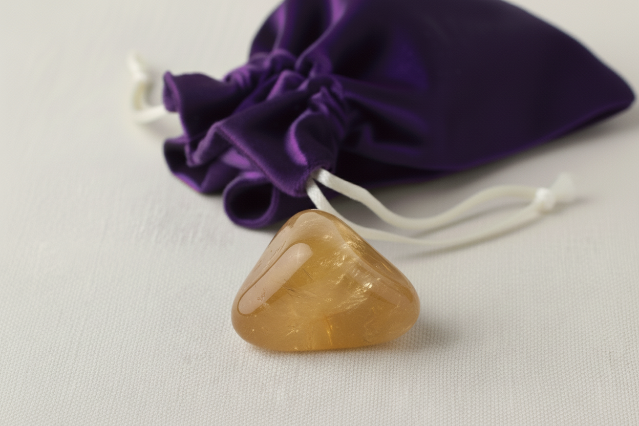 Triangular amber stone on a white surface with a purple drawstring bag in the background