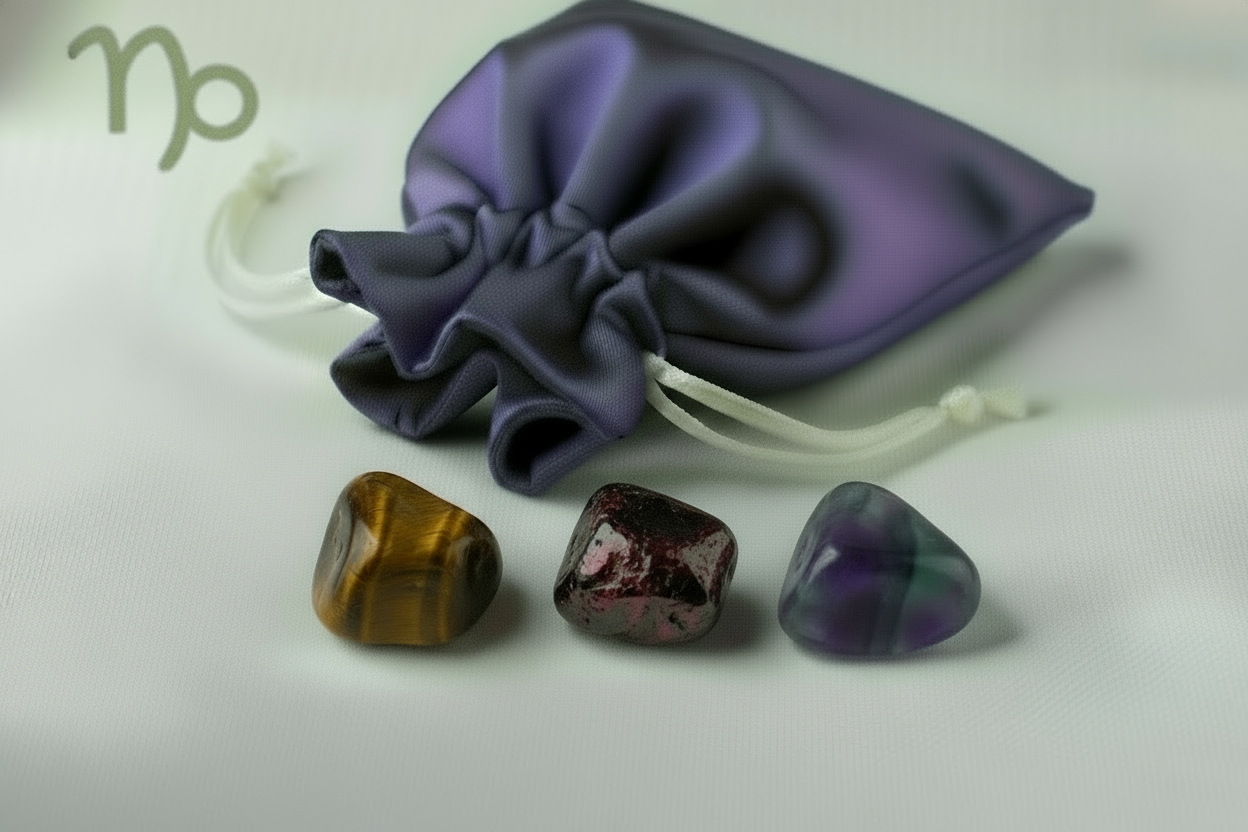 Three crystals on a white surface with a purple drawstring bag in the background.