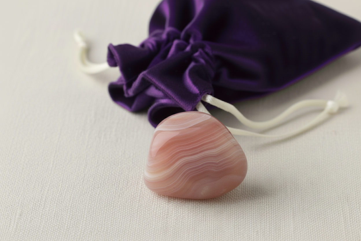 Pink stone with a purple drawstring bag on a light background