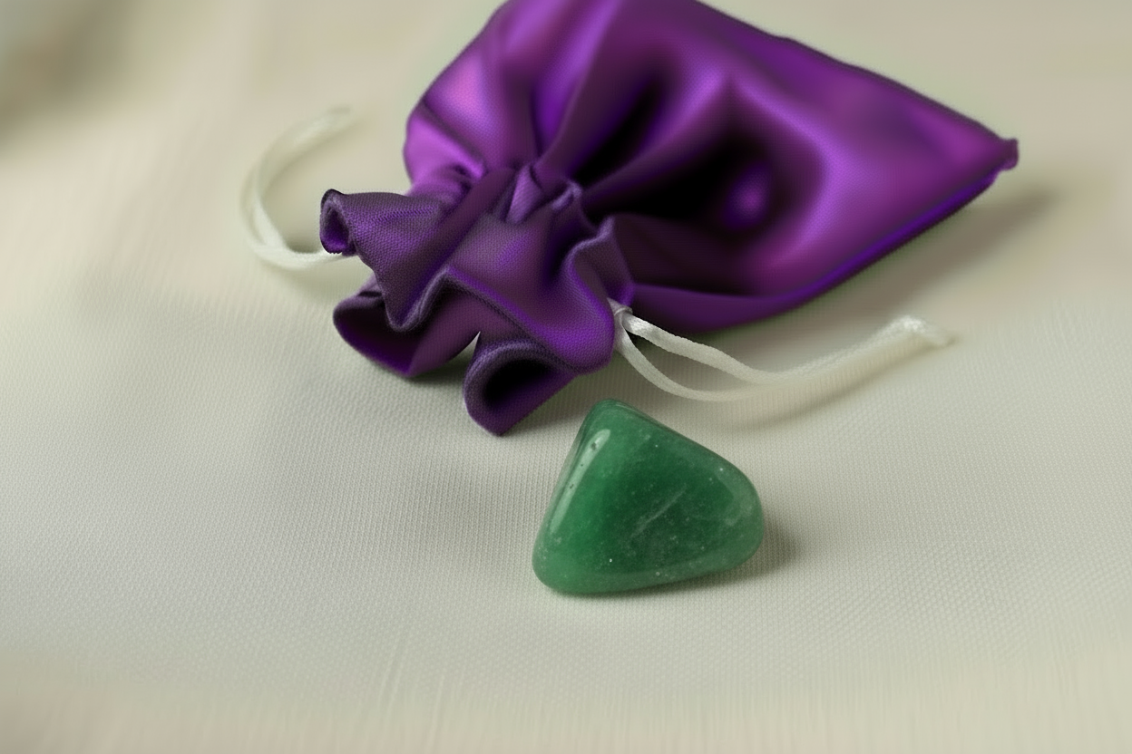 Purple satin bow keychain with a green gemstone on a light background
