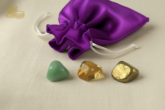 Three colored stones on a beige surface with a purple fabric pouch and white hook.