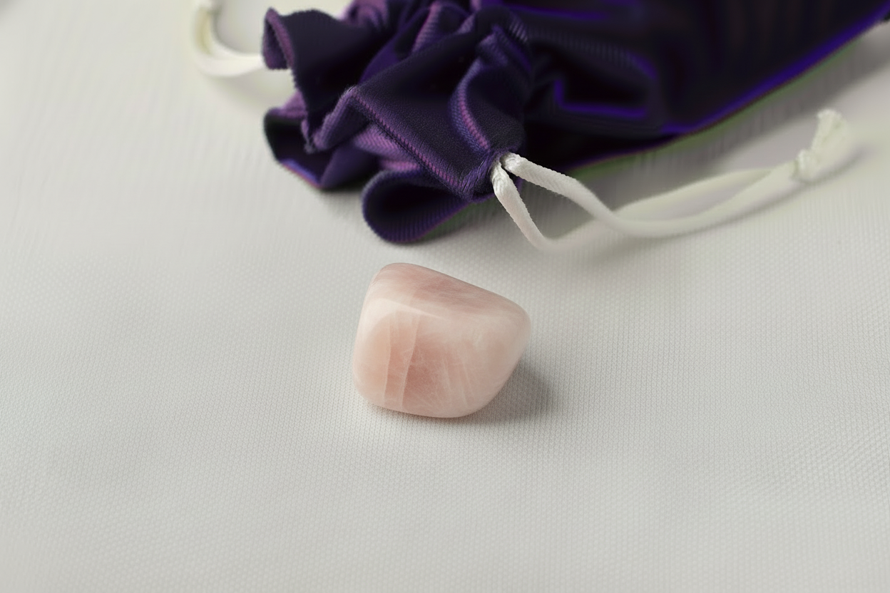 Pink stone with a purple drawstring bag on a light gray background