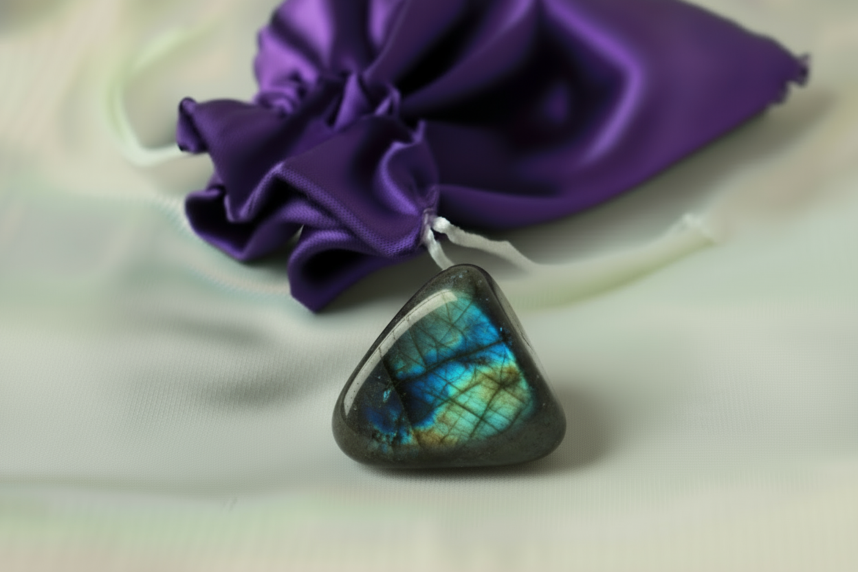 Labradorite stone with a purple fabric bag in background