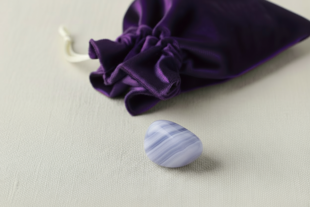 light blue/purple blue lace agate tumble stone with purple pouch on a light gray background